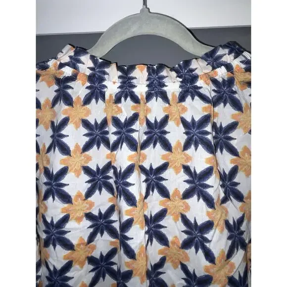 Ro's Garden Blue White Floral Lavinia Rachel Shirt Bell Cuff Block Cotton S - Picture 7 of 9